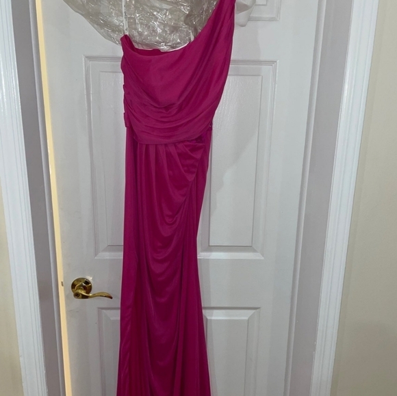 David's Bridal Begonia One Shoulder Hot Pink Bridesmaid Dress Mesh Lace Size 16 - Picture 4 of 5